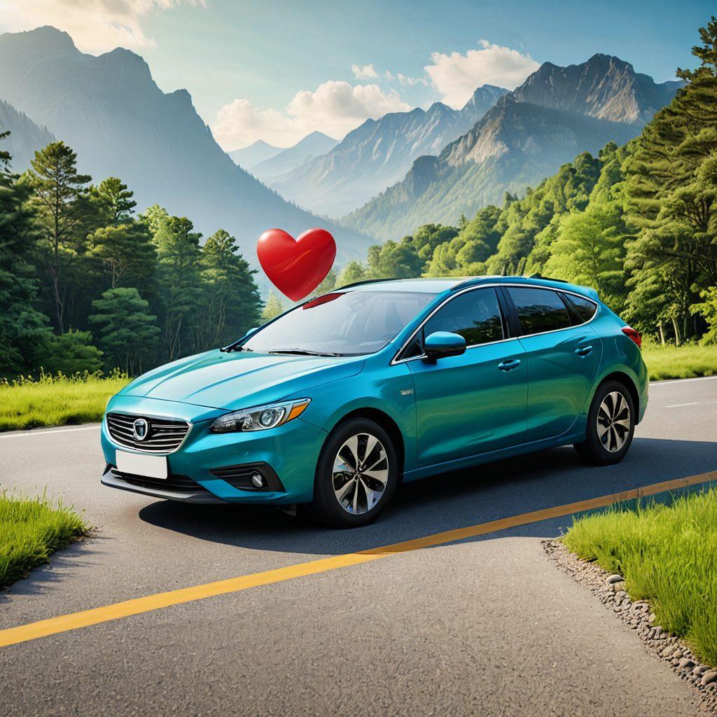 A visually balanced composition featuring a sturdy car symbolizing car insurance surrounded by protective elements like a shield and a heart representing wellness coverage. Incorporate vibrant colors to depict a sense of security and health, with a serene background that combines urban and natural landscapes. The overall design should be inviting and informative, emphasizing the synergy between car insurance and wellness. super-realistic. vibrant colors. white background.