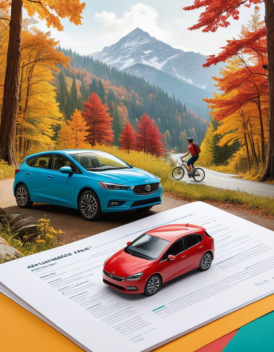 A split image depicting a car insurance policy on one side, illustrated with a car and paperwork, and on the other side, a wellness theme featuring a family engaging in outdoor activities and checking their health coverage. Bright colors should symbolize vitality, and the design should blend the two themes seamlessly, emphasizing protection in both auto and health. super-realistic. vibrant colors. white background.