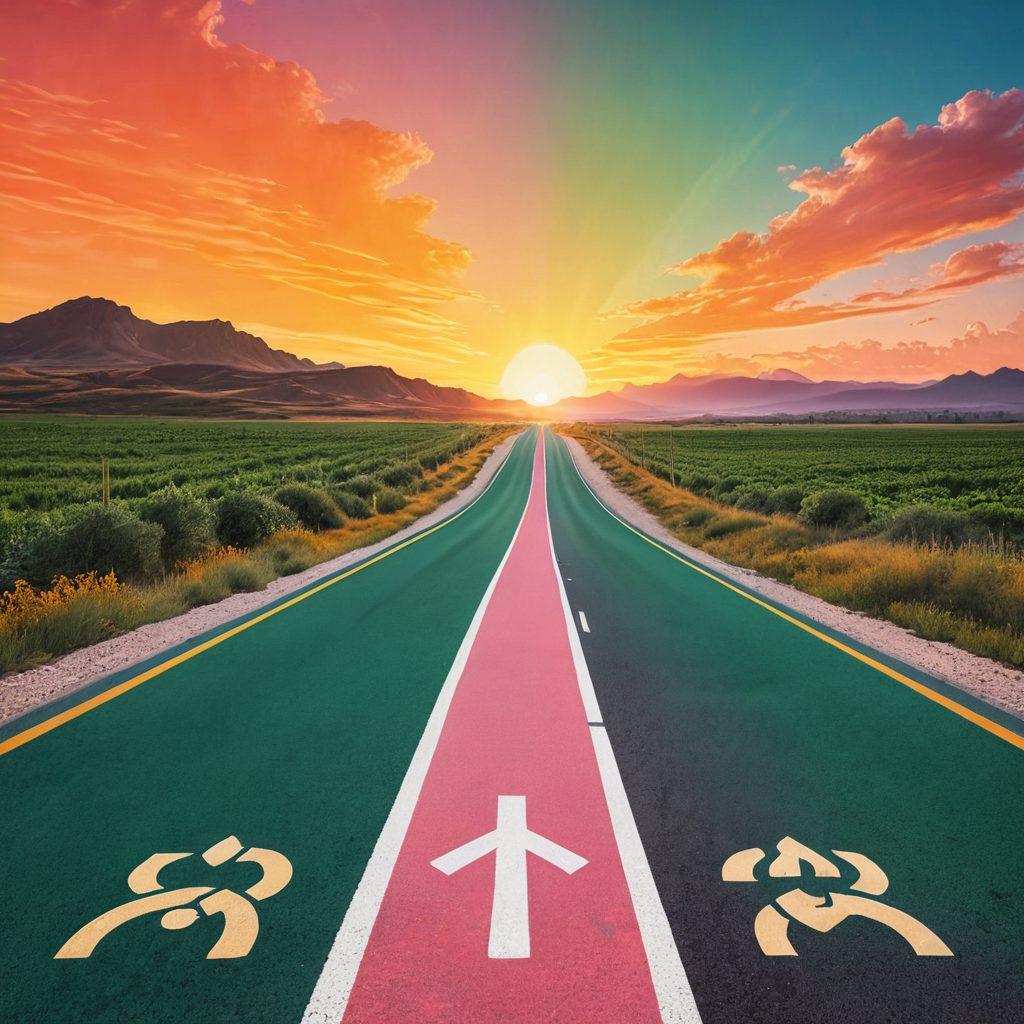 A split image showcasing a serene open road on one side and a glowing health symbol on the other, symbolizing the balance between auto and health insurance. Include vibrant icons of cars and medical symbols interspersed on the road, with a sun setting in the background, representing hope and wellness. The color palette should be bright and engaging, evoking a sense of positivity and safety. vector art. vibrant colors. 3D.